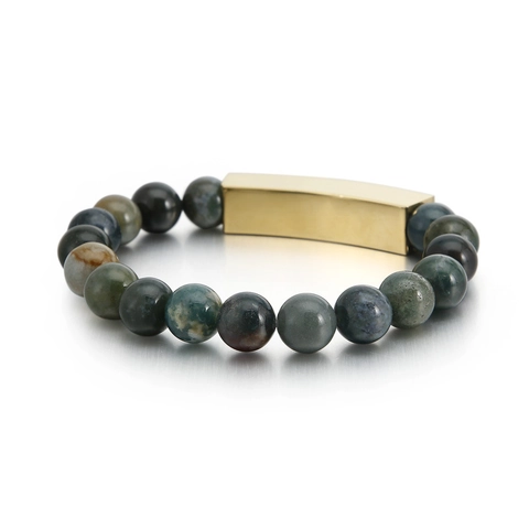 Moss Agate Kralen Armband Met Roestvrijstalen Gebogen Bar Plaat Minimalistisch Sieraden Cadeau Voor Heren