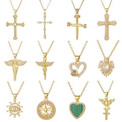 Collana con Pendente in Rame e Zirconia da Donna Placcata Oro Croce Cuore Malocchio Angelo Gioielli da Commuter Regalo