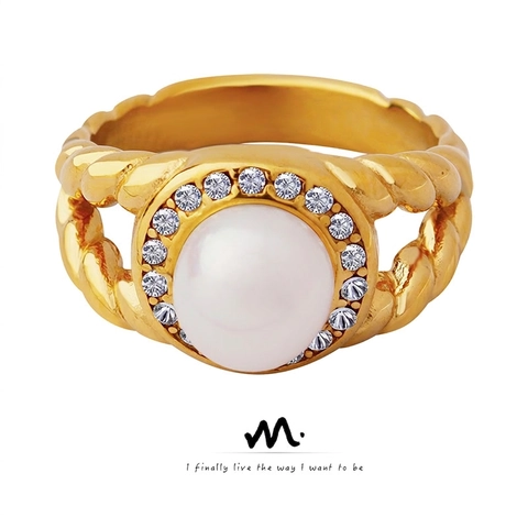 Bague Perle D'eau Douce Zircon Acier Titane Plaqué Or 18K Anneau Torsadé Bijoux Élégants Rétro Français Pour Femmes