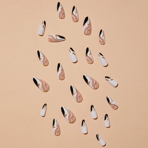 Almond Press On Nails French Tip Gold Wave Lines Foil Design Elegant Glossy False Nails For Women