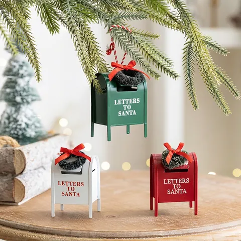 Ornements Suspendus Mini Boîte Aux Lettres De Noël Fer Lettres Au Père Noël Décoration De Table En Métal Avec Couronne Nœud
