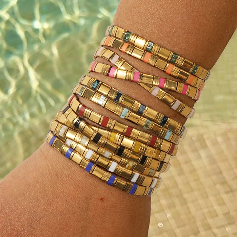 Bohemian Tila Bead Bracelets Enamel Metal Geometric Elastic Stackable Handmade Vintage Jewelry For Women Men