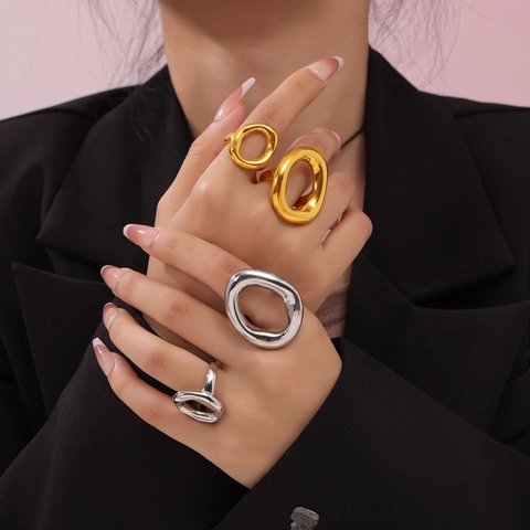Irregular Hollow Oval Ring Titanium Steel Minimalist Geometric Liquid Metal Style Jewelry For Women Men Unisex Aesthetic