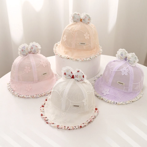Sombrero De Sol Bebé Niña Encaje Bordado Lazo Ala Ancha Transpirable Verano Gorro Pescador Princesa Bebés