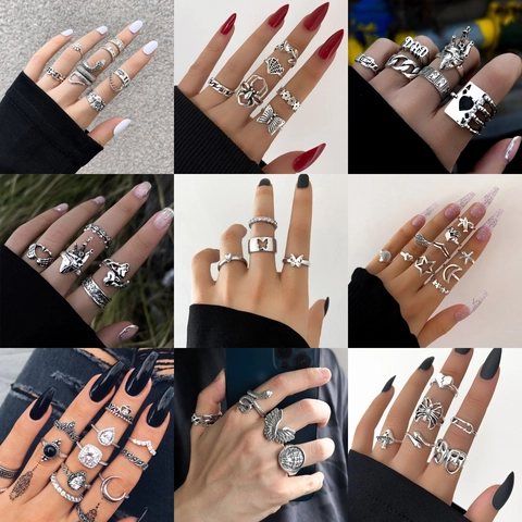 Vintage Gothic Punk Alloy Rings For Women Men Antique Silver Color Heart Snake Butterfly Motifs Bohemian Jewelry