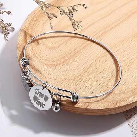 Stainless Steel Adjustable Bangle Bracelet With Engraved Heart And Round Love Charms Minimalist Fashion Jewelry For Women