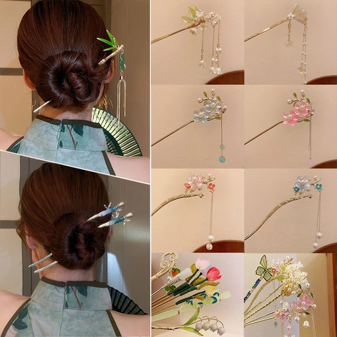 Chinese Stijl Haarspeld Legering Faux Kunstparel Bloem Kwastje Elegante Traditionele Haaraccessoires Voor Dames Knot Decoratie