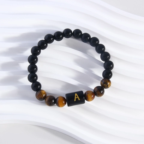 Natural Tiger Eye Stone Obsidian Beaded Bracelet Gold Initial Letter Elastic Wristband Jewelry For Men Women