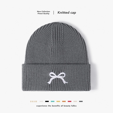 Damen Beanie Strickmütze Mit Schleife Bestickt Acryl Rippenstrick Dick Warm Winter Outdoor
