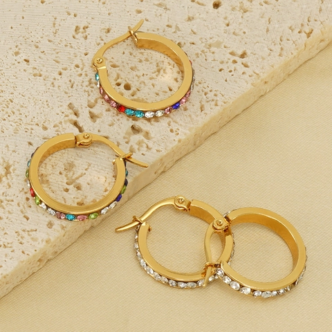 Round Hoop Earrings Stainless Steel 18K Gold Plated Colorful Rhinestone Sparkling Niche Design Fashion Jewelry For Women