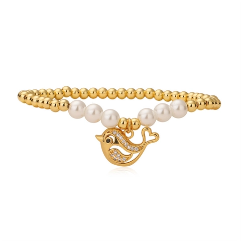 Beaded Bracelet With Copper Zircon Animal Charms And White Faux Artificial Pearls Elastic Jewelry For Women Fashion Accessory
