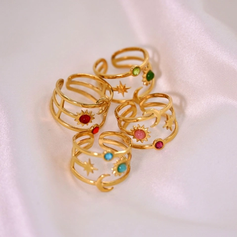 Vintage Stainless Steel Natural Stone Open Ring Sun Moon Star Pattern Gold Plated Adjustable Bohemian Jewelry For Women