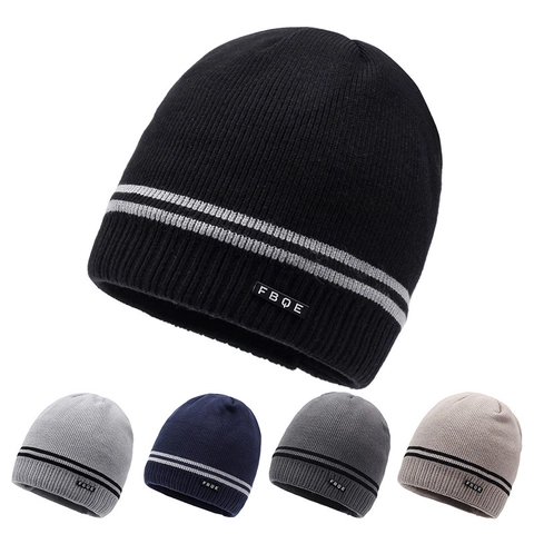 Herren Winter Strickmütze Fleece Gefüttert Warm Thermisch Winddicht Doppelstreifen Gerippt Outdoor Radfahren Skifahren Kaltes Wetter