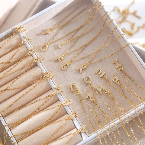 Women Initial Letter Necklace Gold Plated Copper Zirconia Inlaid Alphabet A-Z Pendant Minimalist Fashion Jewelry