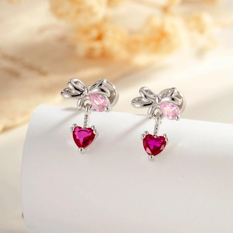 Titanium Steel Cartilage Piercing Stud Earring Pink Zircon Bow Red Heart Pendant Screw Back Sweet Body Jewelry