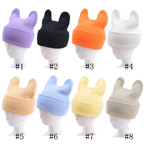 Gorro Beanie Con Orejas De Gato De Punto Lana Cálido Color Sólido Con Dobladillo Gorro De Invierno Para Mujer Moda