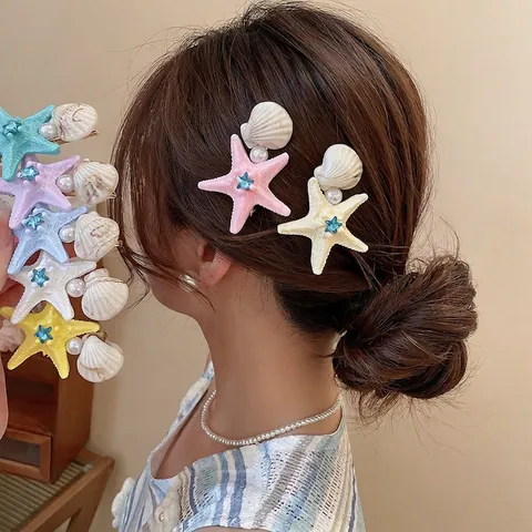 Mollette Per Capelli Stella Marina Conchiglia Tema Oceano Resina Strass Imitazione Perla Artificial Clip Becco D'Anatra Stile Vacanze Donne