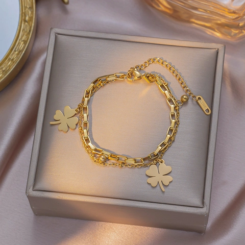 Bracciale Moda In Acciaio Inossidabile Doppio Strato Con Ciondolo Quadrifoglio Oro Argento Placcato Gioielli Per Donna