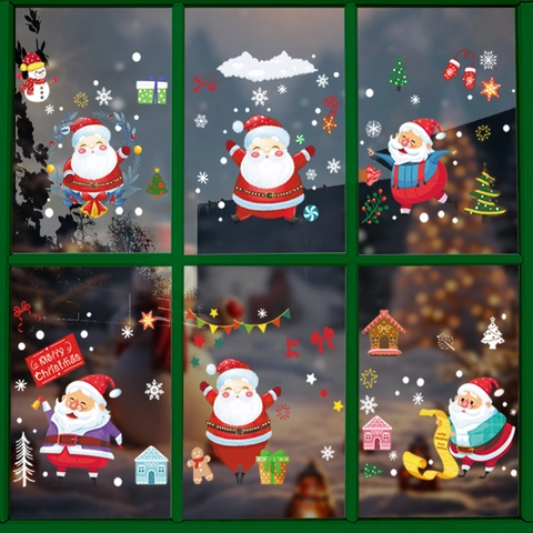 Santa Claus Christmas Tree Window Static Cling Stickers Snowflakes Reusable PVC Decals For Glass Holiday Home Party Decor