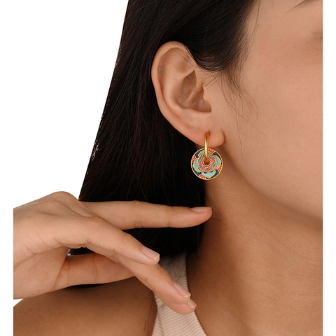 Vintage Chinesischer Stil Emaille Lotusblume Creolen Damen Abnehmbarer Kupfer Retro Ethno Schmuck