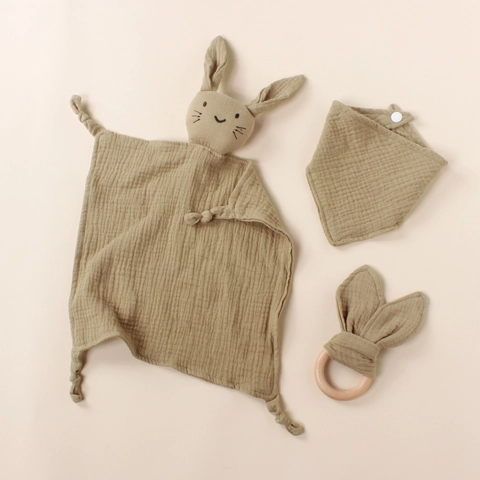 Baby Security Blanket Muslin Cotton Bib And Wooden Teether Rattle Rabbit Animal Design Soft Breathable Soothing Comforter For Infants