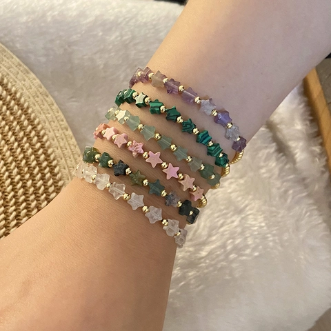 Natural Stone Star Beaded Bracelet For Women Handmade 18K Gold Plated Stainless Steel Adjustable Dainty Jewelry Gift