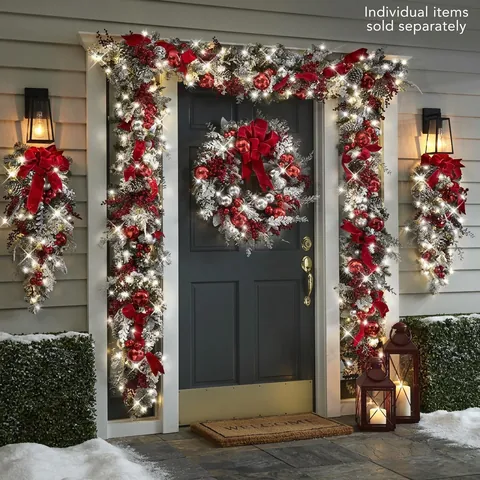 Corona De Navidad Guirnalda Teardrop Swag Lazo De Terciopelo Rojo Nieve Flocada Bayas Piñas Decoración Puerta Casa Festiva