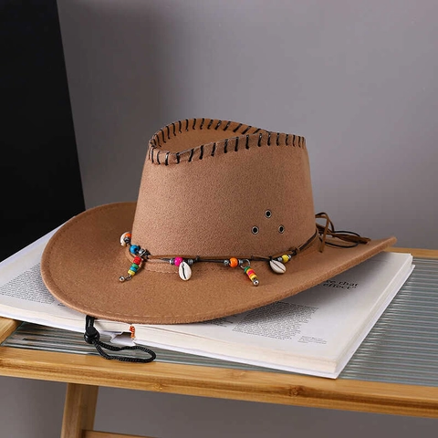 Western Cowboy Hat Felt Faux Suede Wide Brim With Bohemian Beads Shell Decor Outdoor Sun Protection Adjustable Chin Strap