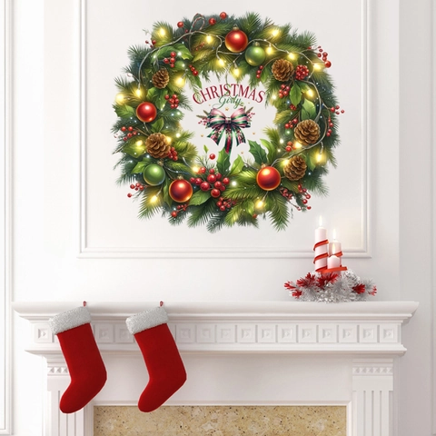 Christmas Wreath Wall Sticker PVC Waterproof Removable Festive Home Decor For Window Living Room Holiday Atmosphere
