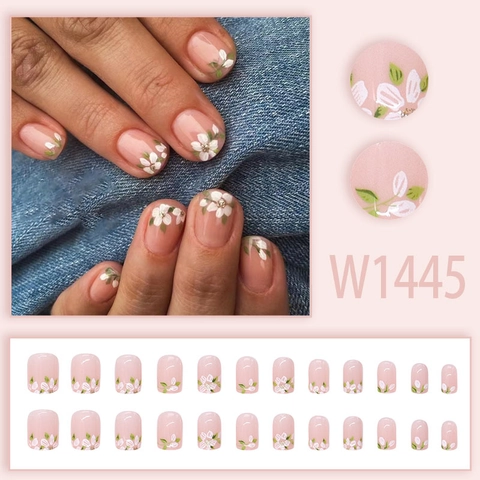 Press On Nails Pink Translucent Glossy Short Square Round Floral Pattern Full Cover Detachable Reusable Artificial Fingernails For Women