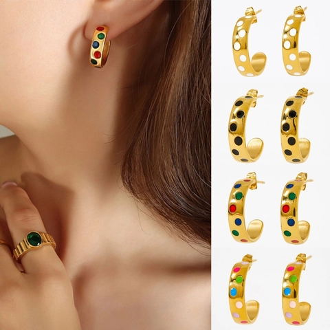 Orecchini A Cerchio A Forma Di C In Acciaio Inossidabile Vintage Con Smalto A Pois Colorati Per Donne