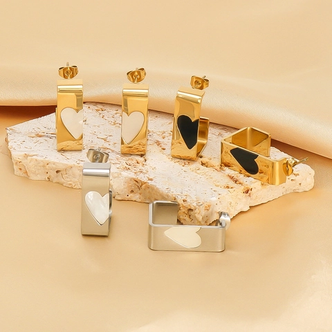Rectangular Hoop Earrings 18K Gold Plated Stainless Steel Heart Mother Of Artificial Pearl Inlay Geometric With Earring Post