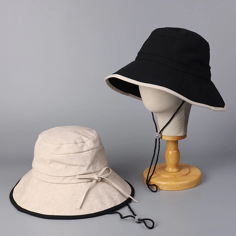 Chapeau Cloche Style Japonais Coton Lin Femmes Large Bord Protection Solaire Pliable Color Block Nœud Corde