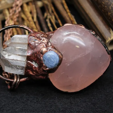 Collar Con Colgante De Corazón De Cristal Natural Con Alambre De Cobre Envuelto Amatista Cuarzo Rosa Labradorita Retro Mujer