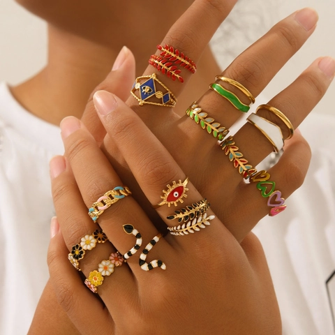 Adjustable Open Ring Stainless Steel 18K Gold Plated Enamel Evil Eye Snake Flower Leaf Retro Bohemian Jewelry For Women