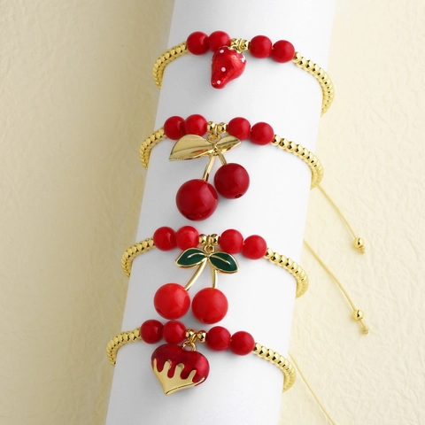 Beaded Bracelet Copper 18K Gold Plated Red Beads Fruit Cherry Strawberry Heart Charms Adjustable Woven Rope Fashion Women