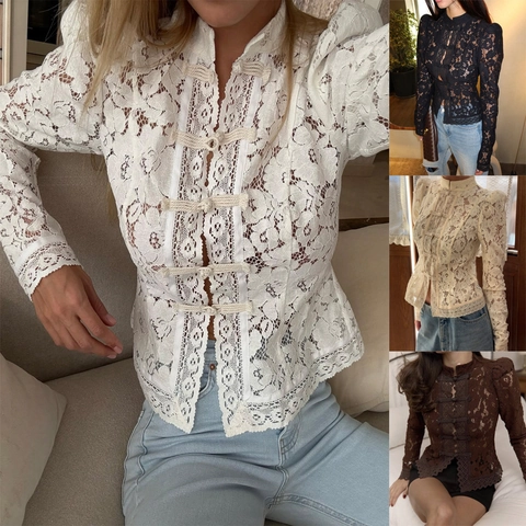 Lace Blouse Top Stand Collar Chinese Frog Button Retro Long Sleeve Slim Fit Elegant Vintage New Chinese Style Shirt