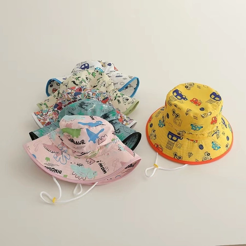 Kids Bucket Hat Breathable Nylon Sun Protection Foldable Cartoon Dinosaur Print For Children With Adjustable Strap