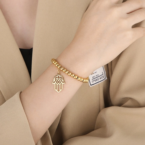 Pulsera De Cuentas De Acero Inoxidable Con Colgante De Mano De Hamsa Corazón Hueco Joyería Ajustable Para Mujer Elegante