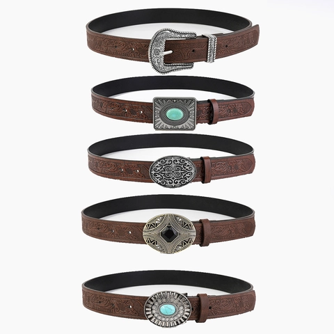 Vintage Western Belt PU Leather Embossed Floral Bull Head Pattern Alloy Buckle Turquoise Decor Cowboy Style