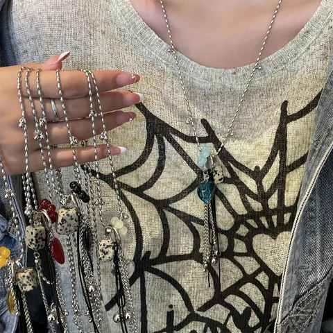 Lange Pulloverkette Legierung Herz Glasanhänger Perlenkette Mit Geflecktem Stein Und Quaste Y2K Street Style Schmuck