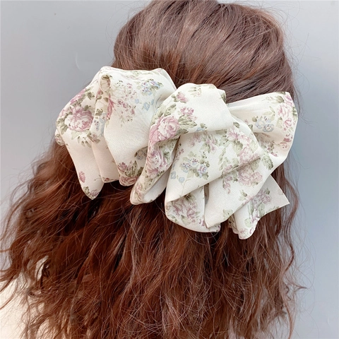 Übergroße Chiffon Schleife Haarklammer Blumendruck Mehrlagig Automatischer Federclip Eleganter Koreanischer Stil Für Damen
