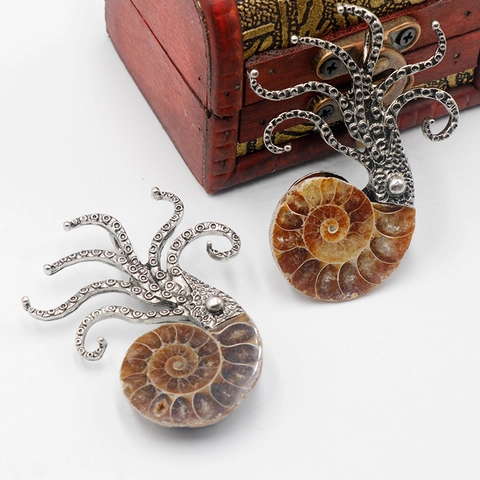Broche Colgante de Pulpo Vintage Doble Uso Concha Natural Fósil de Amonita Aleación Tono Plata Joyería de Criatura Marina