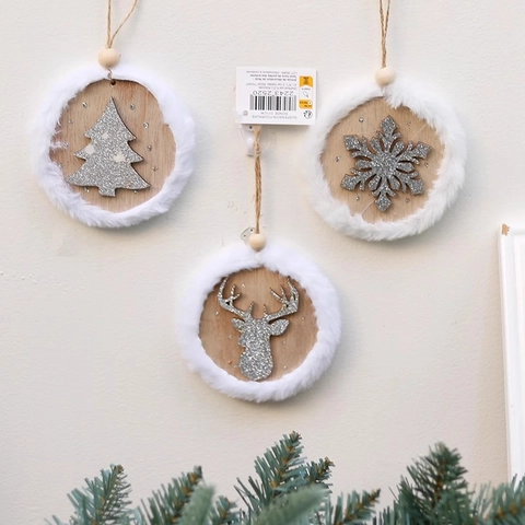 Adornos Colgantes De Navidad Colgantes De Madera Redondos Con Borde De Piel Sintética E Iconos De Purpurina Plateada