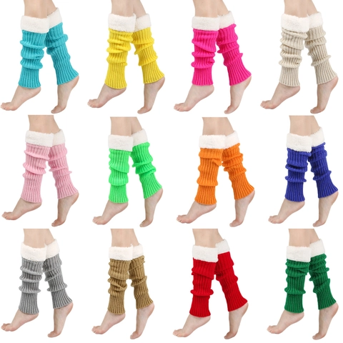 Women Knitted Leg Warmers With Faux Fur Trim Warm Slouch Socks Solid Color Crochet Foot Covers Christmas New Year Gift
