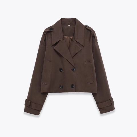 Dames Korte Trenchcoat Jas Double Breasted Revers Epauletten Retro Workwear Effen Bruin Casual