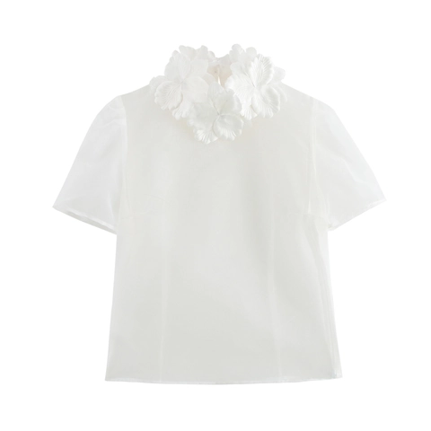 Damen Weiße Organza Bluse Kurzarm Oberteil Mit 3D Blumenapplikation Halbtransparent Süßes Sommerhemd Für Frauen
