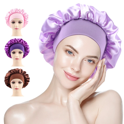Satin Bonnet Sleep Cap For Women Satin Like Hair Protection With Wide Elastic Band Solid Color Night Headwear