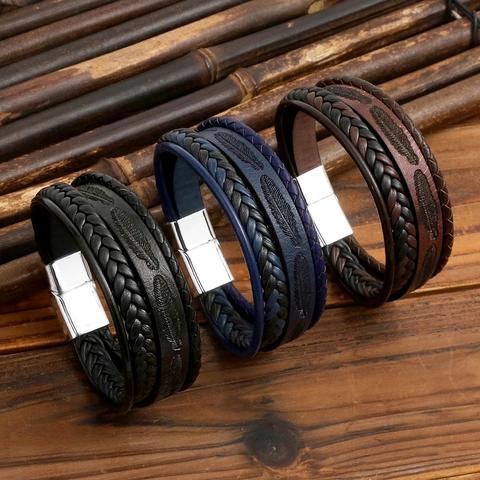 Men Leather Bracelet Multi Layer Braided Feather Embossed Alloy Magnetic Clasp Retro Punk Jewelry Hand Accessory