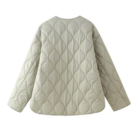Chaqueta Acolchada Mujer Cuello Redondo Acolchado Ondas Cremallera Abrigo Ligero Ajuste Holgado Ropa Casual Bolsillos